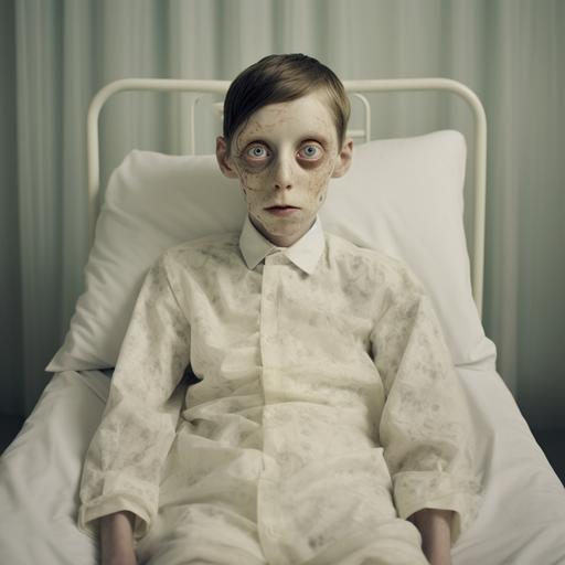 a person in a hospital bed with a rare disease where eyes grow all over their body