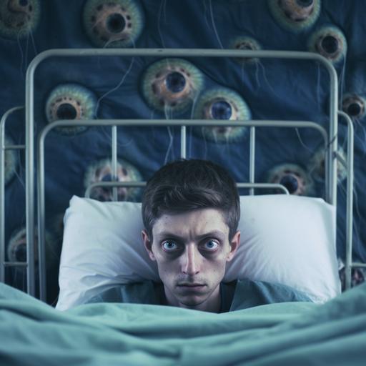 a person in a hospital bed with a rare disease where eyes grow all over their body