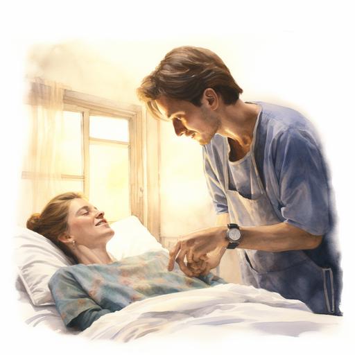 a person in a hospital bed with eyes closed, another person next to the bed is helping, there are both smiling, watercolor drawing