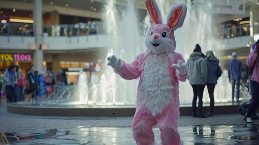 a person in an easter bunny costume singing and dancing in a mall with people looking confused and a fountain behind them studio lit shot in the style of a nathan for you episode 8k --ar 16:9 --v 6.0