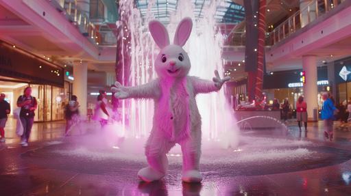 a person in an easter bunny costume singing and dancing in a mall with people looking confused and a fountain behind them studio lit shot in the style of a nathan for you episode 8k --ar 16:9 --v 6.0