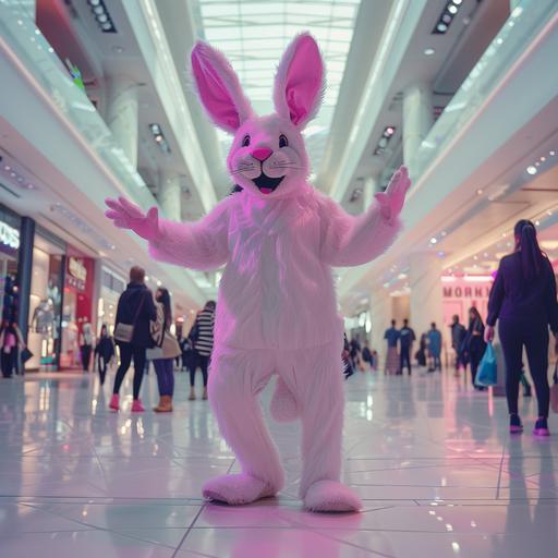 a person in an easter bunny costume singing and dancing in a mall with people looking confused studio lit 8k --v 6.0