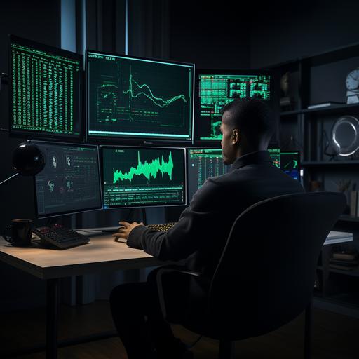 a person on their computer looking at stocks, green and black theme colors