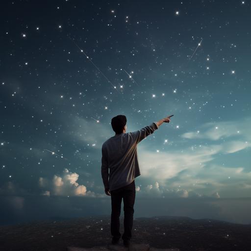a person outside pointing at the sky, face the opposite direction, view of the back of their body, arm extending up towards the sky with pointer finger out, aesthetically pleasing, UHD
