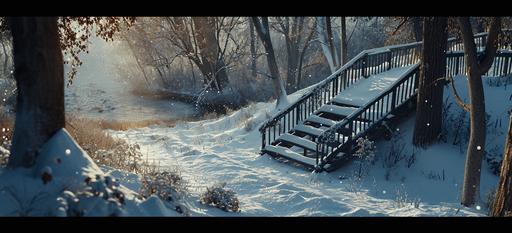 a person walks up an isometric wooden fence at a winter scene, in the style of splattered/dripped, webcam photography, #vfxfriday, birds-eye-view, dusty piles, snow scenes, swirling vortexes:: large snow isometrix covered stair well, in the style of soggy, #vfxfriday, contained chaos, 8k, cottagepunk, prairiecore, weathercore:: the isometric deck is covered in white snow and ice, in the style of negative image, #vfxfriday, dark brown and gray, tumblewave, [howardena pindell](https://goo.gl/search?artist%20howardena%20pindell):: a snow covered isometric open walkway and wooden stairs, in the style of dark gray and dark brown, vhs, tumblewave, rough edges, #vfxfriday, close up, prairiecore:: isometric wood board covered in snow, in the style of #vfxfriday, suburban gothic, 32k uhd, passage, [thomas cole](https://goo.gl/search?artist%20thomas%20cole), dissolving, prairiecore --ar 64:29 --v 6.0