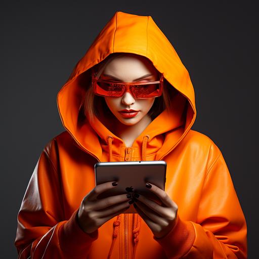 a person wearing orange but facing technology online happier