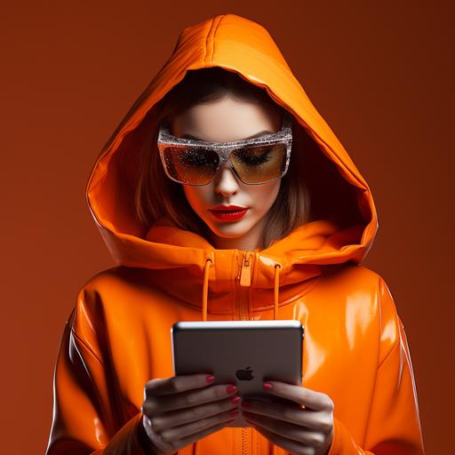 a person wearing orange but facing technology online happier