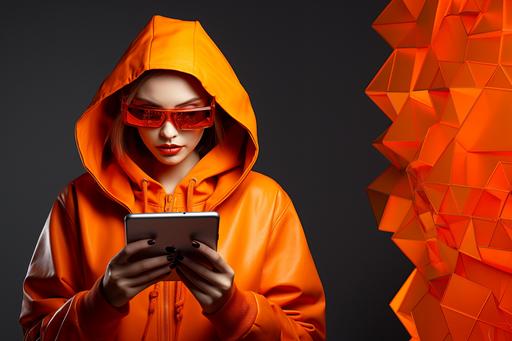 a person wearing orange but facing technology online happier --ar 3:2