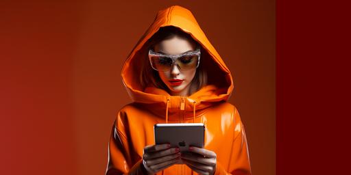 a person wearing orange but facing technology online happier --ar 2:1