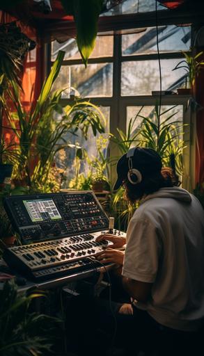 a photgraph of a person operating a roland sp-404 beat making machine in the future, he sits at a table with the music sampler machine next to him it has pads all over and a big screen there are also plants on the music studio table console --ar 4:7