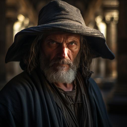 a photo of a 42 year old medieval fisherman in a floppy hat. He poses timidly. His expression is fear and worry. The background is a Greek-style palace gathering hall. Dramatic lighting.