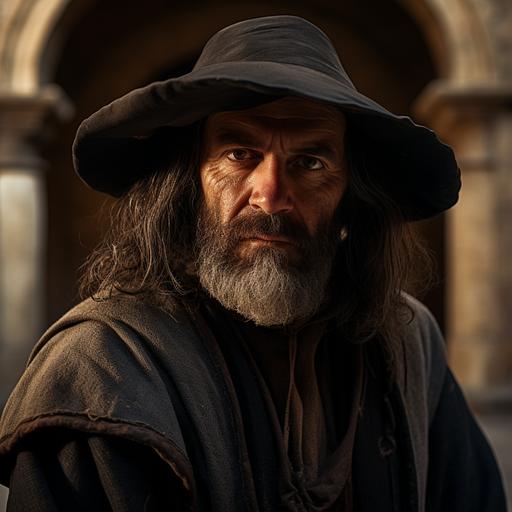 a photo of a 42 year old medieval fisherman in a floppy hat. He poses timidly. His expression is fear and worry. The background is a Greek-style palace gathering hall. Dramatic lighting.