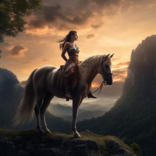 a photo of a beautiful female centaur. The background is a scenic landscape. Dramatic lighting.