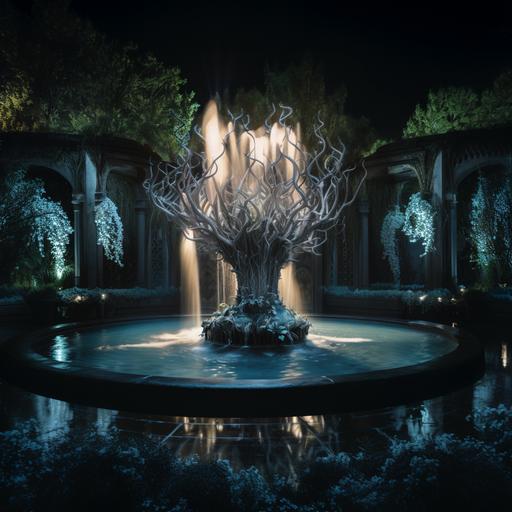 a photo of a beautiful medieval sculpture water fountain. It looks like a blue marble spiky willow tree with spiky branches. Water spouts from the tips of the branches of the fountain. The background is a garden of tall jasmine bushes covered in jasmine blossoms. Lily pads float in the fountain pond. Dramatic lighting.