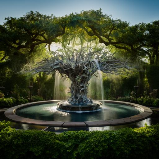 a photo of a beautiful medieval sculpture water fountain. It looks like a blue marble spiky willow tree with spiky branches. Water spouts from the tips of the branches of the fountain. The background is a garden of tall jasmine bushes covered in jasmine blossoms. Lily pads float in the fountain pond. Dramatic lighting.