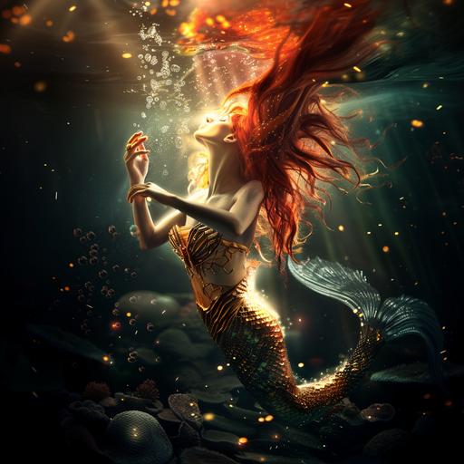 a photo of a beautiful mermaid with golden scales on her tail and flowing red hair. She wears a sea shell top and poses dramatically. Magical lights swirl around her hands. Dramatic lighting. --v 6.0