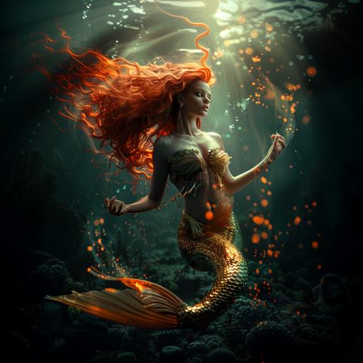 a photo of a beautiful mermaid with golden scales on her tail and flowing red hair. She wears a sea shell top and poses dramatically. Magical lights swirl around her hands. Dramatic lighting. --v 6.0
