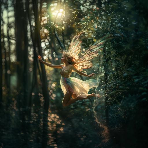 a photo of a beautiful pixie flying through the air with a big smile on her face. Her wings are like rainbow dragonfly wings. Sparkles of pixie dust trail her. The background is a lush forest. Dramatic lighting. --v 6.0