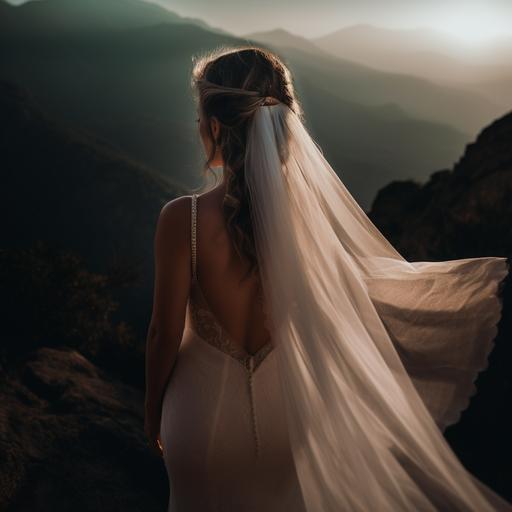 a photo of a bride from behind, wearing a veil on her head, holding nothing in her hands, with a mermaid dress style, loose curls hairstyle, in dark mountains as the background, shot with a Canon EOS R camera, composed with the bride in the center of the frame, taken from a low angle perspective, with natural lighting that highlights the bride's silhouette, a shallow depth of field to blur the background, a fast shutter speed to capture any movement, high photo quality with sharp details and vibrant colors, capturing the bride's elegance and beauty in a breathtaking mountain landscape. _ _ --v 5
