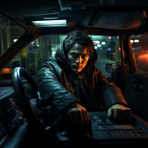 a photo of a character in the driver seat of his car in an underground parking garage