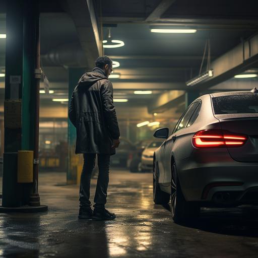 a photo of a character stepping into his car in an underground parking garage