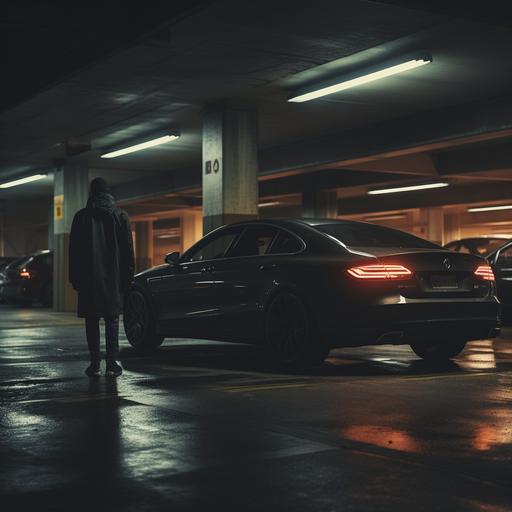 a photo of a character stepping into the driver seat of his car in an underground parking garage