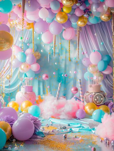 a photo of a circus birthday party set up with pink, gold and purple decoration and balloons, in the style of light cyan and gray, realistic yet stylized, yvonne coomber, allover composition,Dreamy haze::4 , rounded, cartoonish innocence, petcore::1 --ar 3:4 --v 6.0