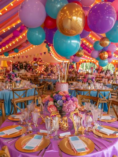 a photo of a circus birthday party set up with pink, gold and purple decoration and balloons, in the style of light cyan and gray, realistic yet stylized, yvonne coomber, allover composition,Dreamy haze::4 , rounded, cartoonish innocence, petcore::1 --ar 3:4 --v 6.0