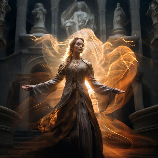 a photo of a fantasy woman in decorative robes. Sound waves radiate all around her as she poses dramatically. The background is a castle courtyard. Dramatic lighting.