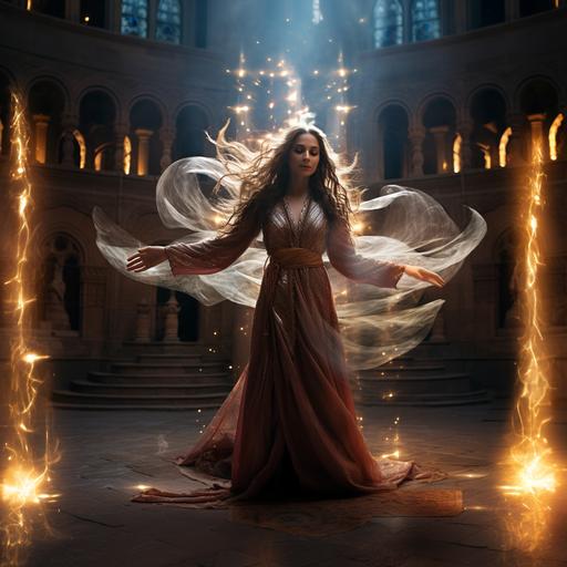 a photo of a fantasy woman in decorative robes. Sound waves radiate all around her as she poses dramatically. The background is a castle courtyard. Dramatic lighting.