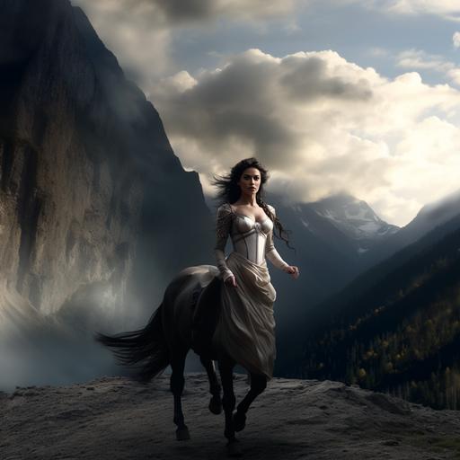 a photo of a female centaur. The background is a mountain. Dramatic lighting. --v 5.2
