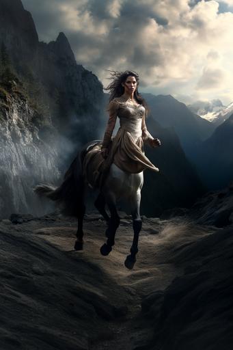 a photo of a female centaur. The background is a mountain. Dramatic lighting. --v 5.2 --ar 2:3