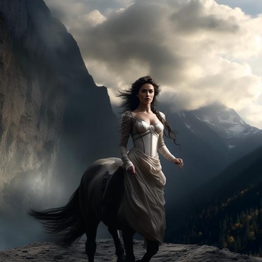 a photo of a female centaur. The background is a mountain. Dramatic lighting. --v 5.2