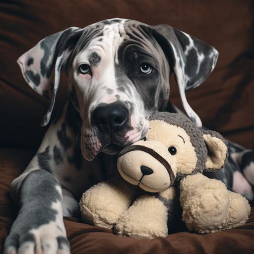 a photo of a great dane cuddling a stuffed animal puppy