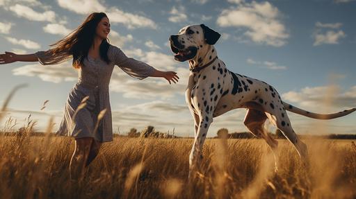 a photo of a great dane playing with a short girl, great dane is white with black spots, girl is short and cute with brown hair and colorful clothes, open field of grass, sunny afternoon, soft clouds in a blue sky, --c 3 --ar 16:9