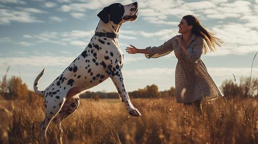 a photo of a great dane playing with a short girl, great dane is white with black spots, girl is short and cute with brown hair and colorful clothes, open field of grass, sunny afternoon, soft clouds in a blue sky, --ar 16:9 --c 3