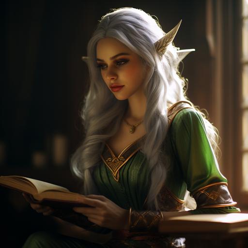 a photo of a green-haired beautiful elf with tall pointed ears. She wears rainbow decorative holy robes. She poses with a sweet smile and a book in her hands. Dramatic lighting.