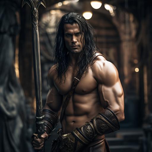 a photo of a handsome muscular gladiator. He is half white half islander with long black hair. He holds a trident and poses dramatically ready for battle.the background is an arena.