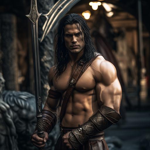 a photo of a handsome muscular gladiator. He is half white half islander with long black hair. He holds a trident and poses dramatically ready for battle.the background is an arena.
