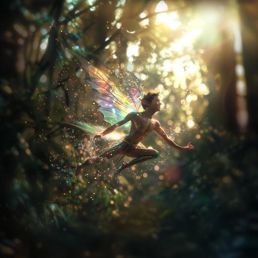 a photo of a handsome pixie flying through the air with a big smile on his face. His wings are like rainbow dragonfly wings. Sparkles of pixie dust trail him. The background is a lush forest. Dramatic lighting. --v 6.0