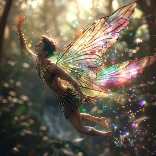 a photo of a handsome pixie flying through the air with a big smile on his face. His wings are like rainbow dragonfly wings. Sparkles of pixie dust trail him. The background is a lush forest. Dramatic lighting. --v 6.0