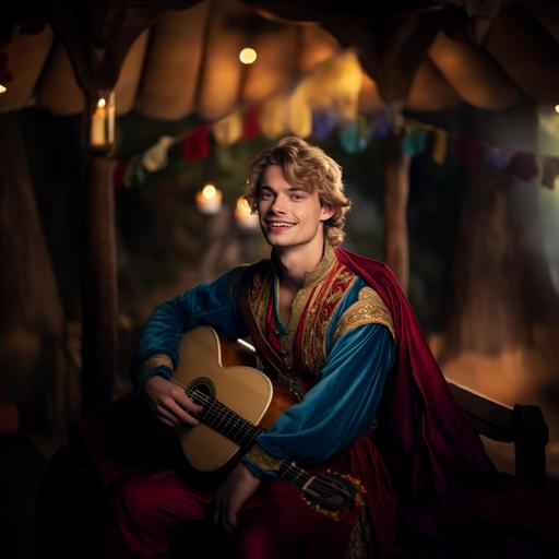 a photo of a handsome young medieval performer in brightly colored clothes. He is playing a lute and singing. The background is a medieval campsite. --v 5.2