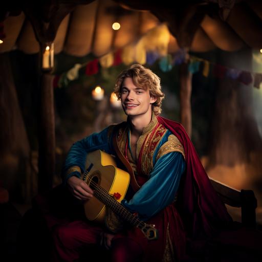 a photo of a handsome young medieval performer in brightly colored clothes. He is playing a lute and singing. The background is a medieval campsite. --v 5.2