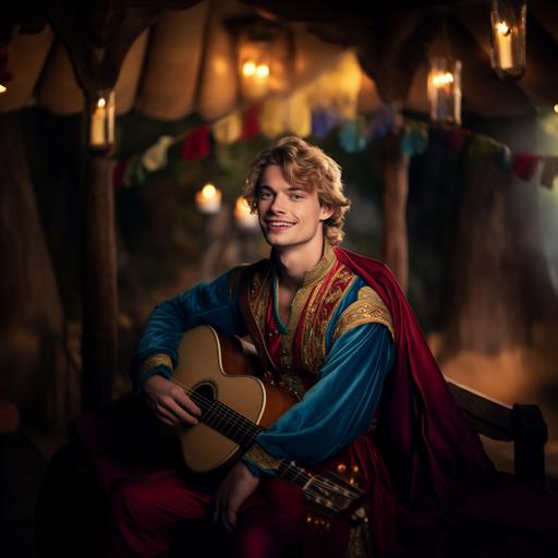 a photo of a handsome young medieval performer in brightly colored clothes. He is playing a lute and singing. The background is a medieval campsite.