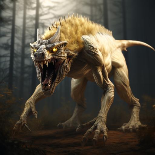 a photo of a huge vicious amalgam creature. It is a mixture of bear, camel, snake and anteater. It has a very long neck. Large yellow snake eyes that almost glow. It has a long bushy tail with spikes. The background is a dense forest. Dramatic lighting. --v 5.2