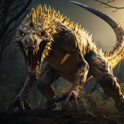 a photo of a huge vicious amalgam creature. It is a mixture of bear, camel, snake and anteater. It has a very long neck. Large yellow snake eyes that almost glow. It has a long bushy tail with spikes. The background is a dense forest. Dramatic lighting.