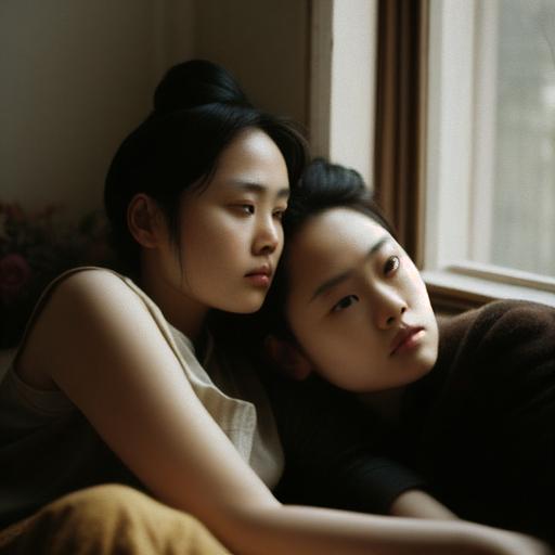 a photo of a japanese lesbian couple in 2023, in a modernized stylish house, by the window, they both dark hair and light eye brows, very stylish in cloth, one of them is chubby, one of them is s thin, shapely nose.both of them are pretty and have big eyes, in a style of nan goldin. lying on the bed