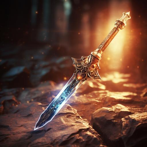 a photo of a magic sword. The blade glows like the sun. The background is an ancient treasure vault.