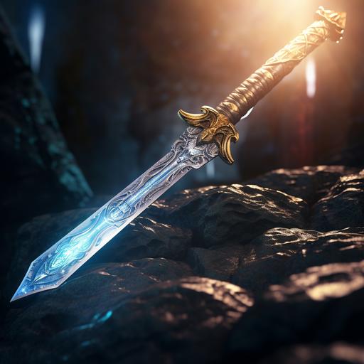 a photo of a magic sword. The blade of the sword is made of glowing sunlight. The background is an ancient treasure vault.