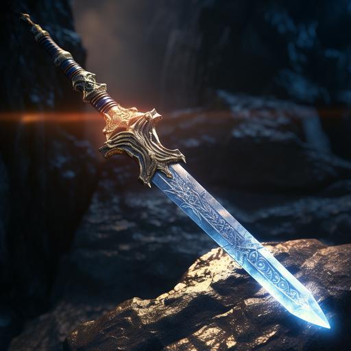 a photo of a magic sword. The blade of the sword is made of glowing sunlight. The background is an ancient treasure vault.